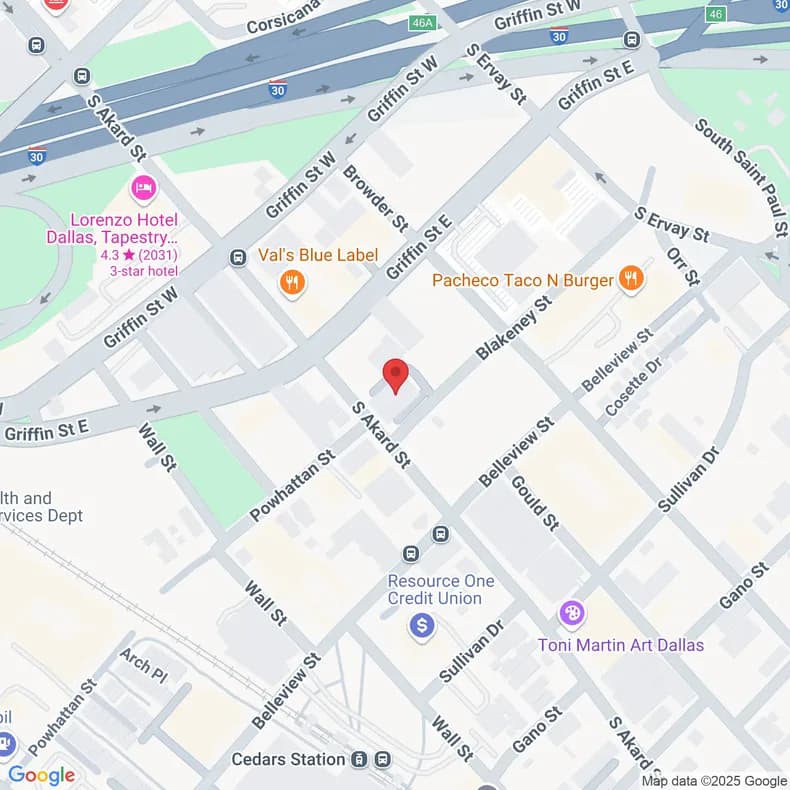 Map showing REI Workplace at 1214 S Akard St, Dallas, TX 75215